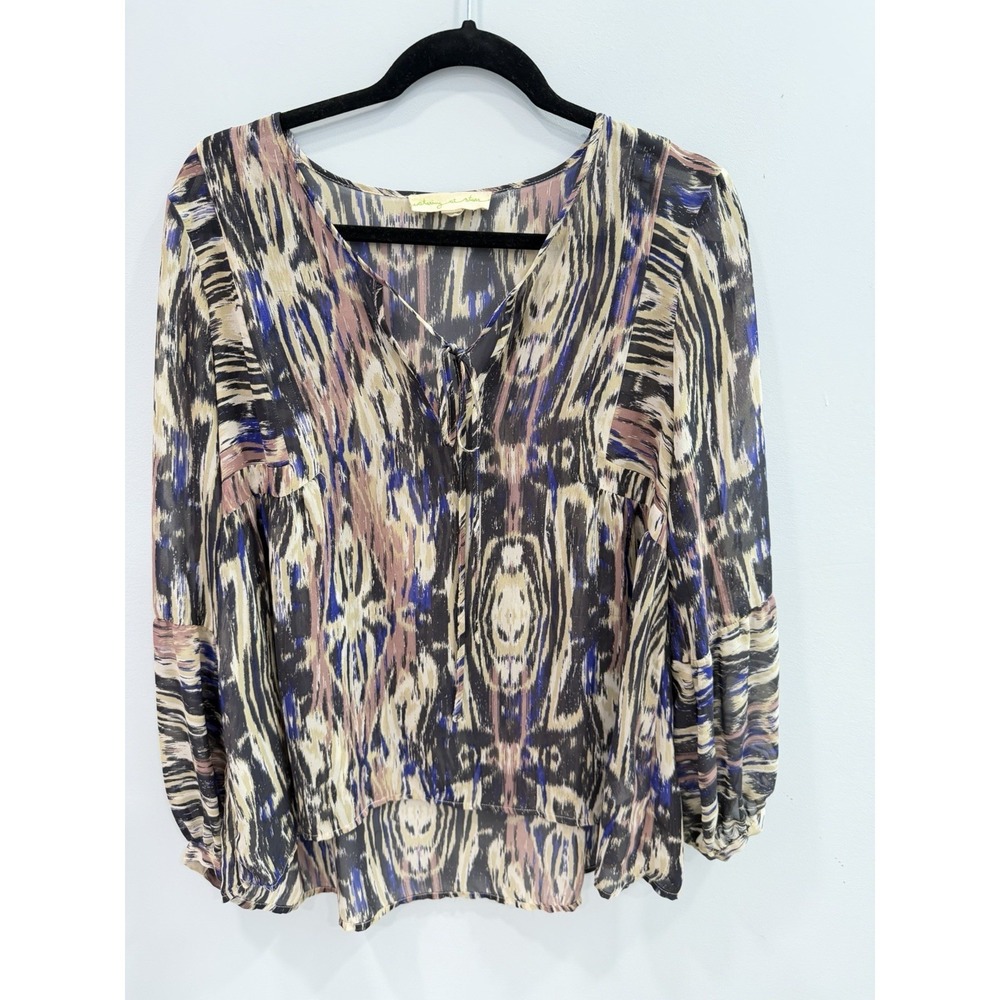Anthropologie Staring at Stars Ikat Sheer V-Neck Boho Blouse Large Blue Brown